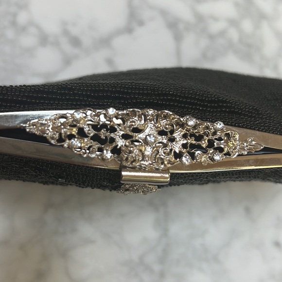 Aqua Black Beaded Evening Bag with Silver Hardware. - Picture 3 of 6